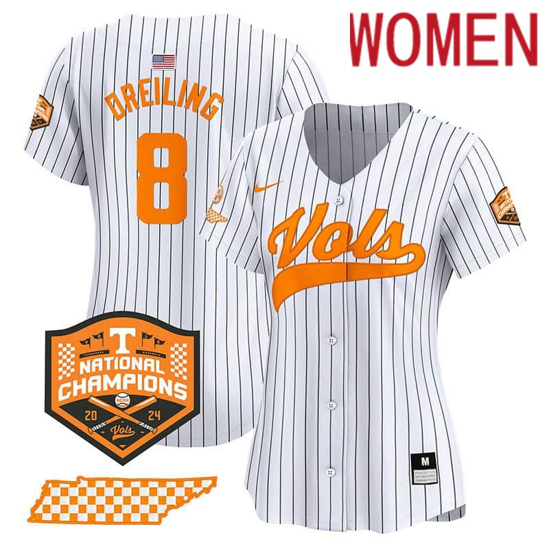 Women Tennessee Volunteers #8 Dreiling White Stripe 2024 Nike Champions Vapor Premier Limited NCAA Jersey->women nfl jersey->Women Jersey